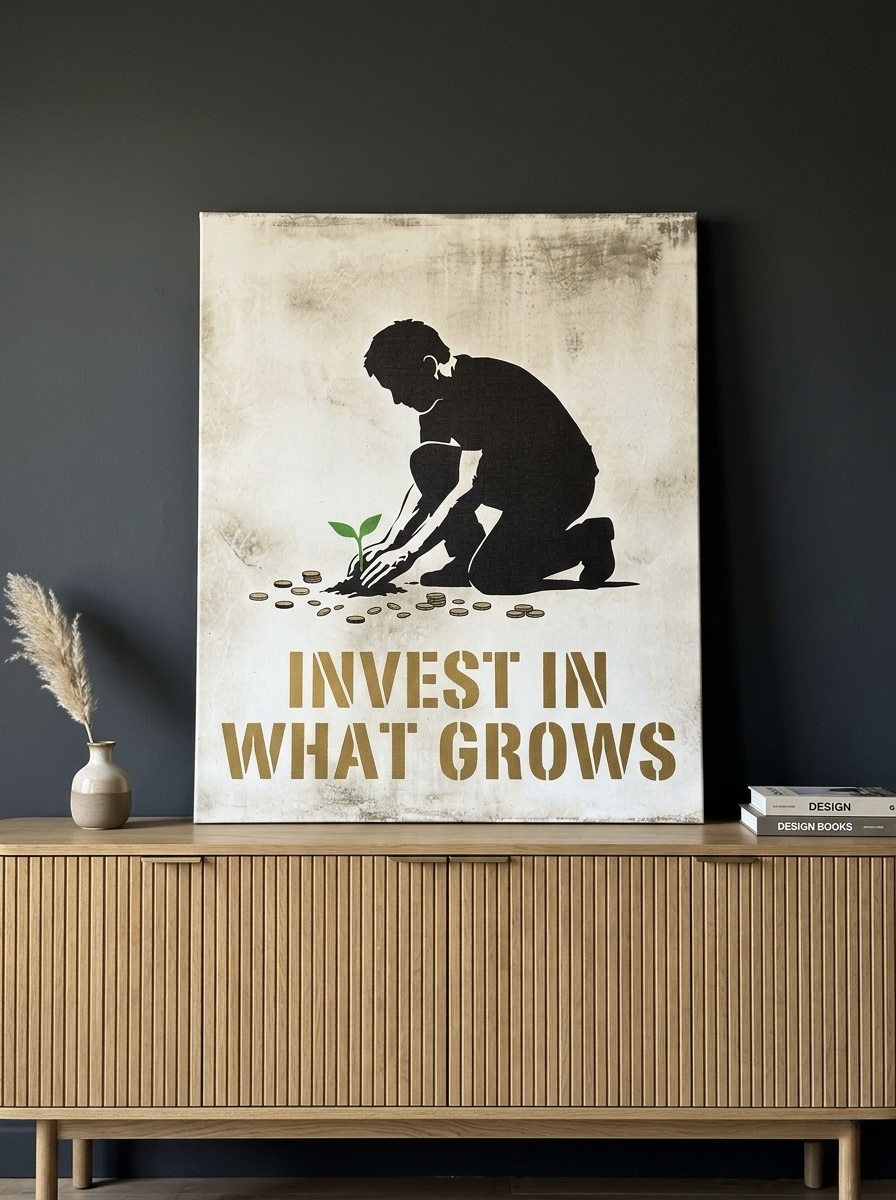Plant Your Flag Canvas Wall Art in cream and gold with street art influence, a bold motivational piece for a first apartment