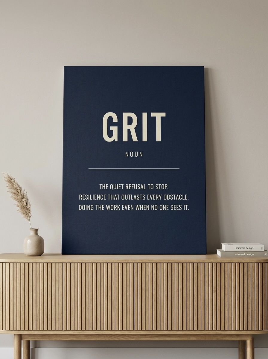 Grit Definition Typography Canvas Wall Art in navy and cream, motivational framed print for a home office or studio