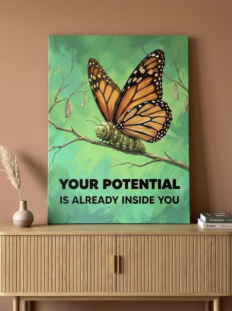 Caterpillar to Butterfly Transformation motivational canvas in emerald green, gold, black and orange hung above a home office desk for daily inspiration