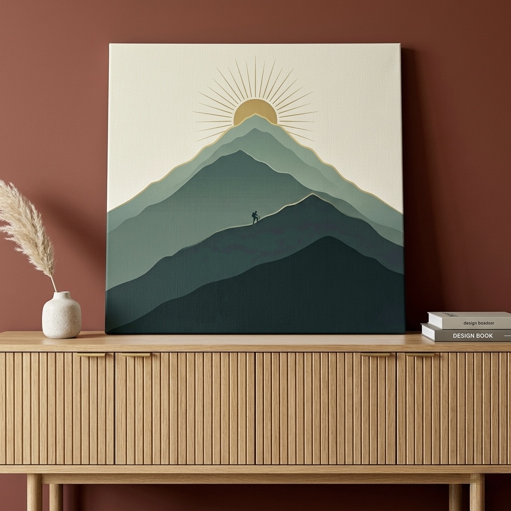 Mountain Hiker Sunrise Canvas Wall Art, minimalist adventure print in green and gold for a graduate's first apartment