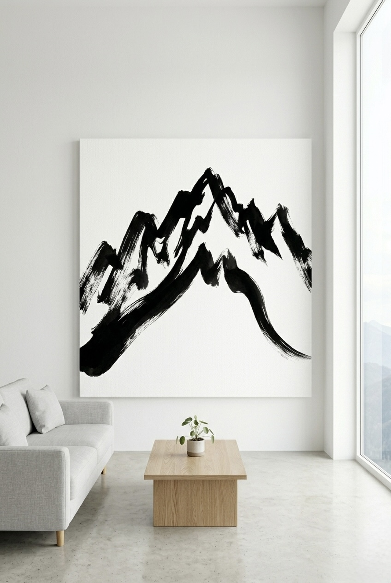 Mountain ink brush Sumi-e canvas wall art in dark minimalist space