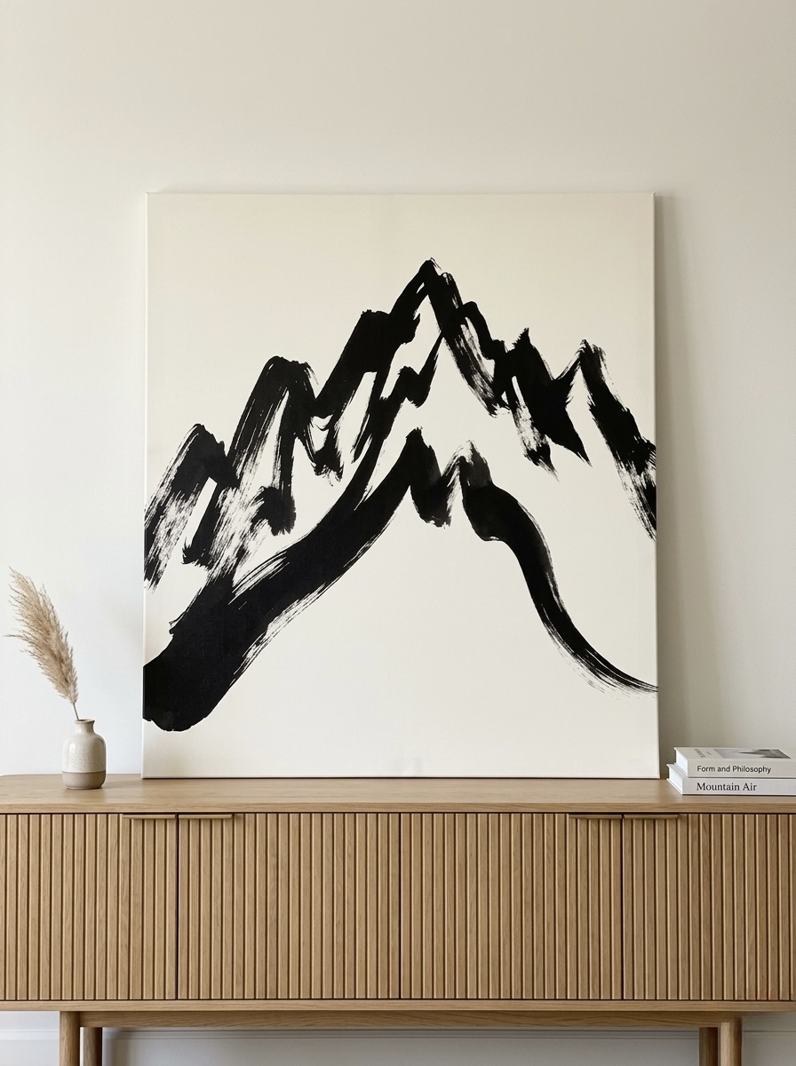 Mountain Ink Brush sumi-e canvas wall art hung above a low meditation cushion in a calm, neutral room