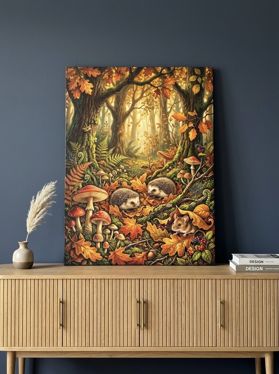 Wood mouse autumn leaves wildlife canvas wall art, small to medium size canvas print for hallway or bedroom