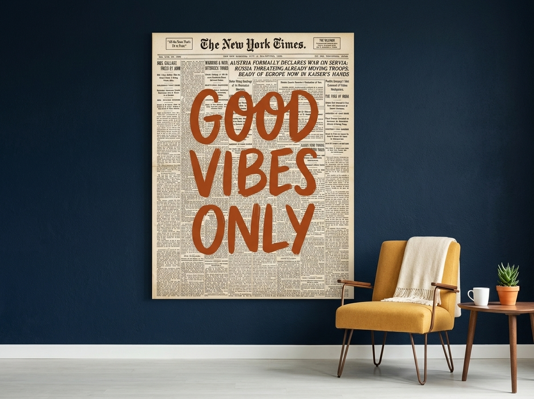 Good vibes only vintage newspaper canvas wall art in terracotta tones in a warm living room