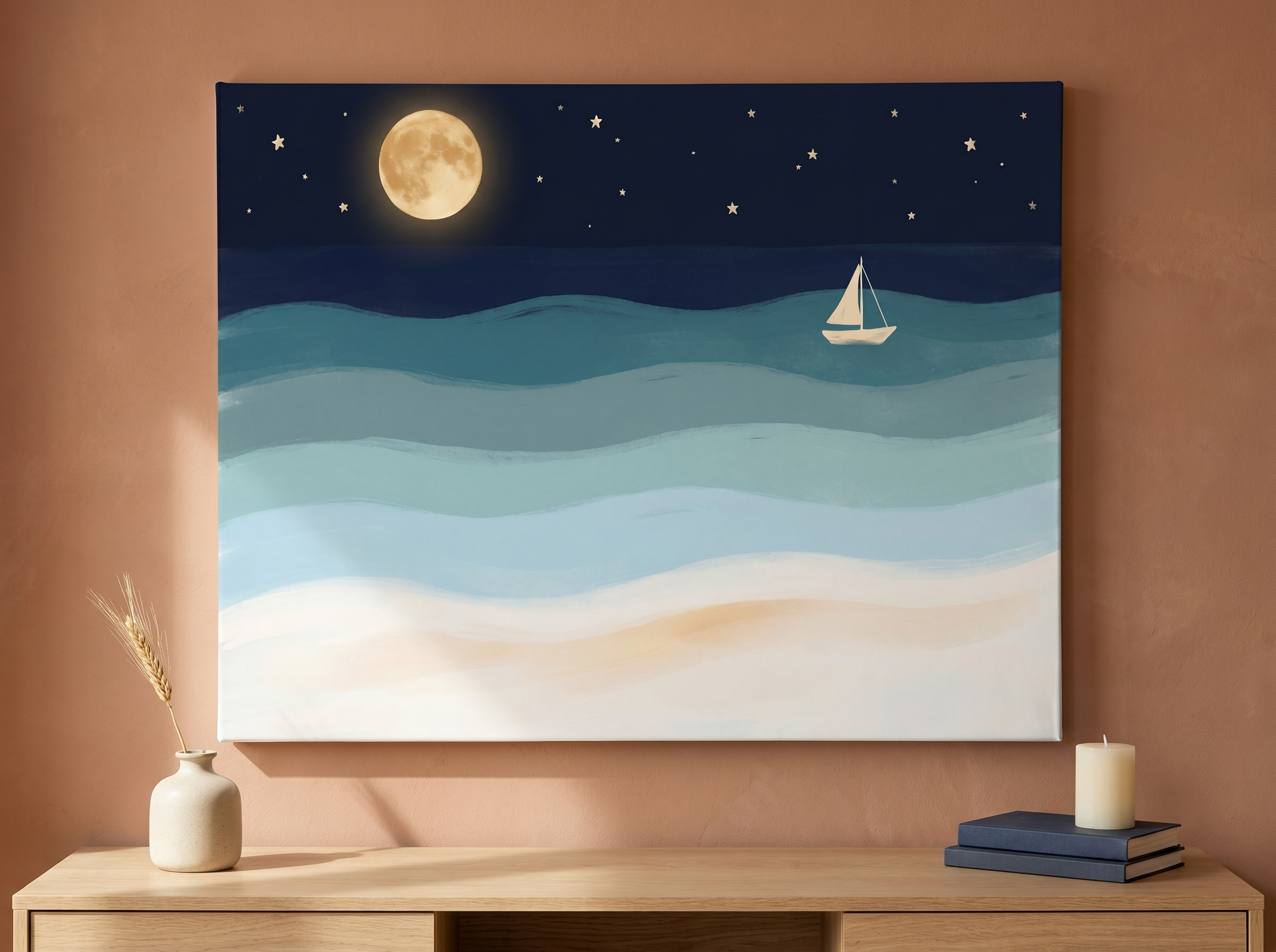 Minimalist layered canvas of a full moon rising over a navy and teal sea, hanging above a linen sofa in a coastal bedroom