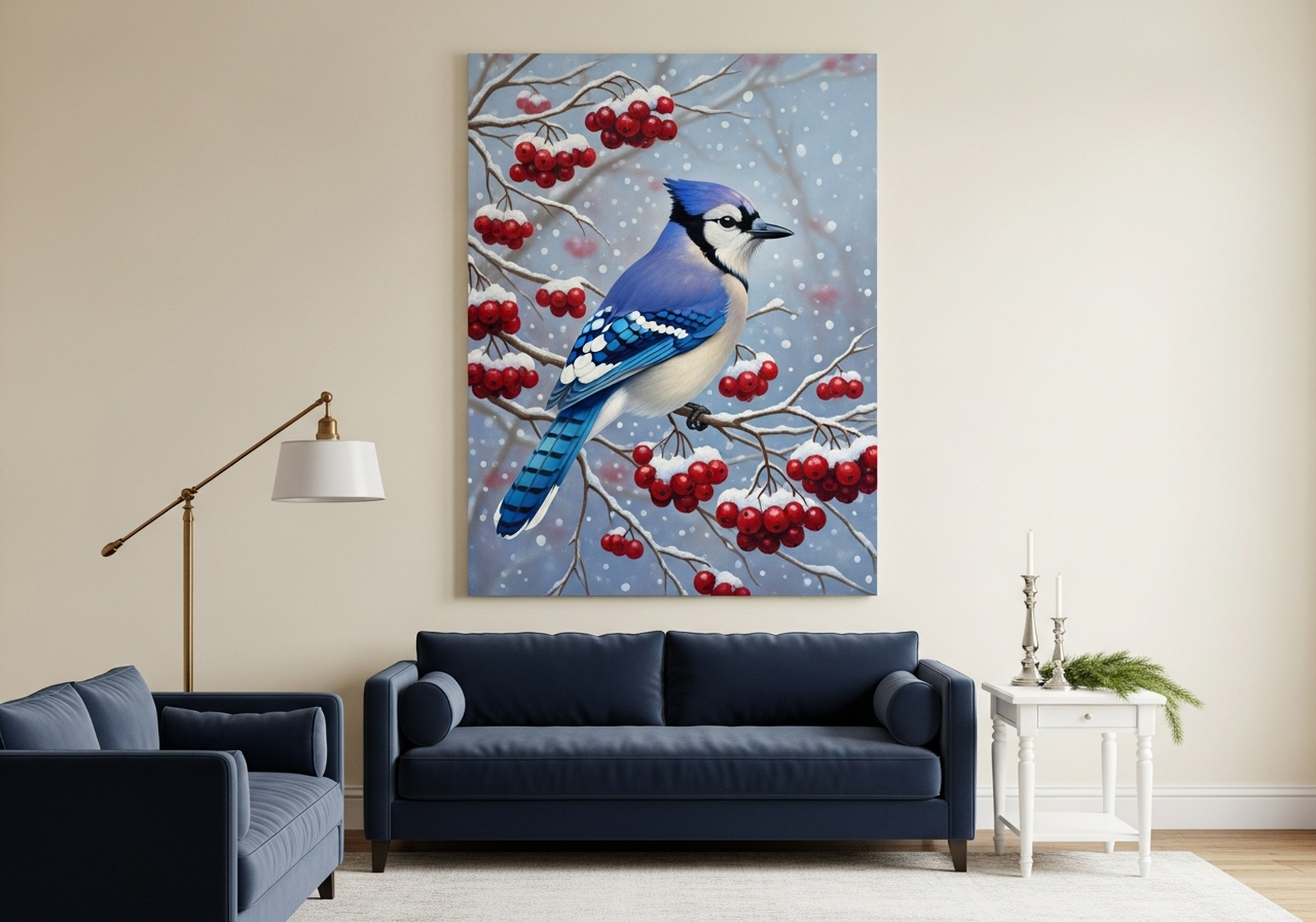 Blue jay winter berry oil painting canvas wall art in cobalt and crimson tones on a warm wall