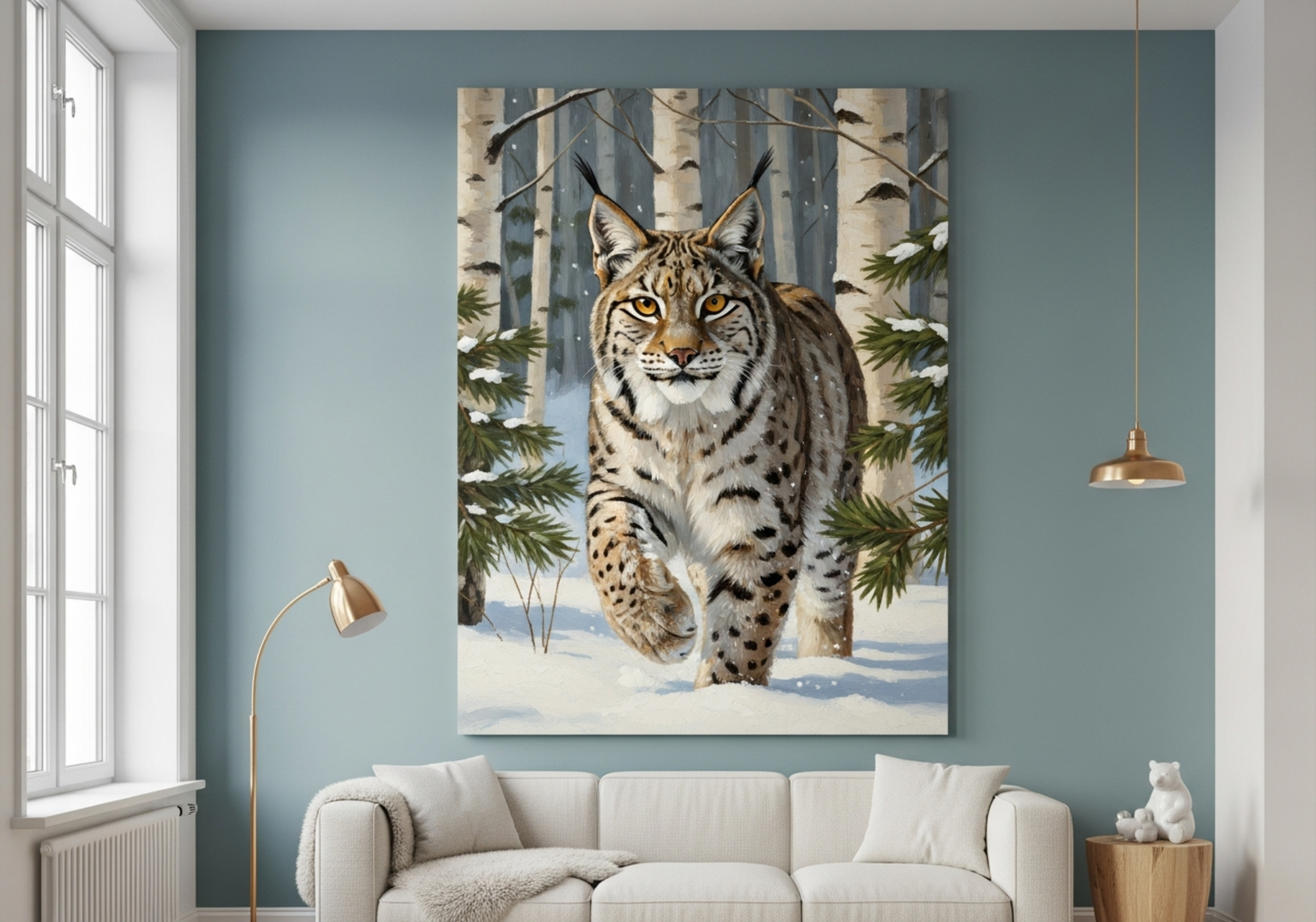 Lynx in winter birch forest oil painting canvas art in tawny and blue tones on bedroom wall
