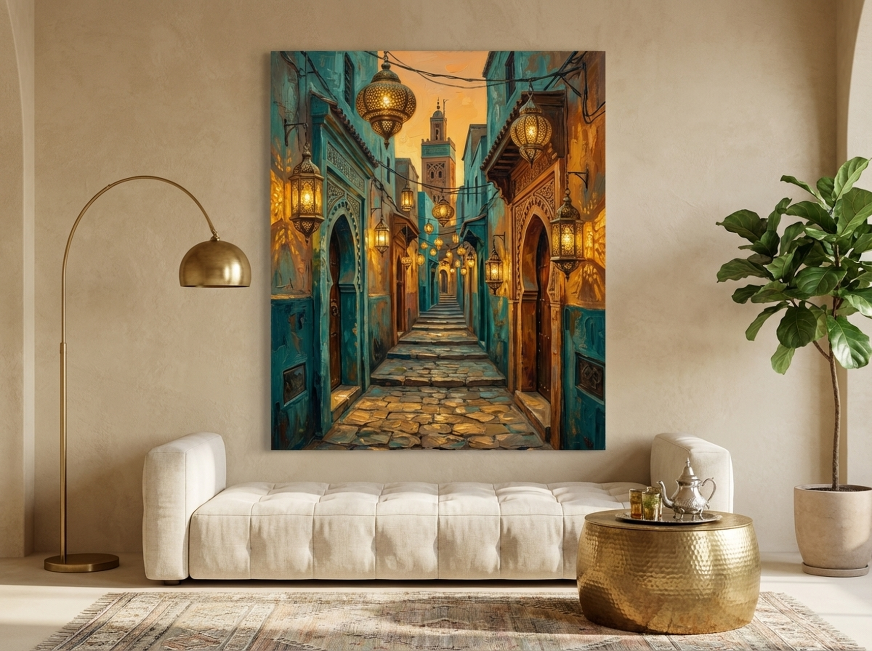 Moroccan Medina Canvas Wall Art hanging on a wall in a beautiful room