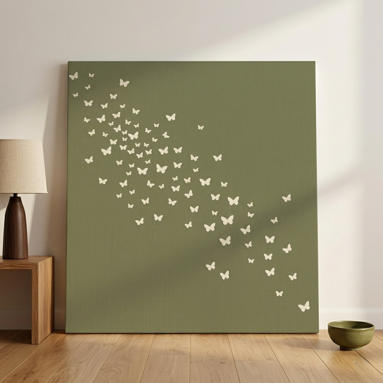Olive Green Butterfly Swarm minimalist canvas in olive, cream and neutral tones hanging above a clean cream sofa in a modern living room