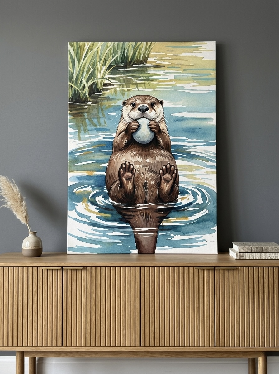 Otter watercolor canvas in teal and brown styled in a guest bathroom above a wood vanity