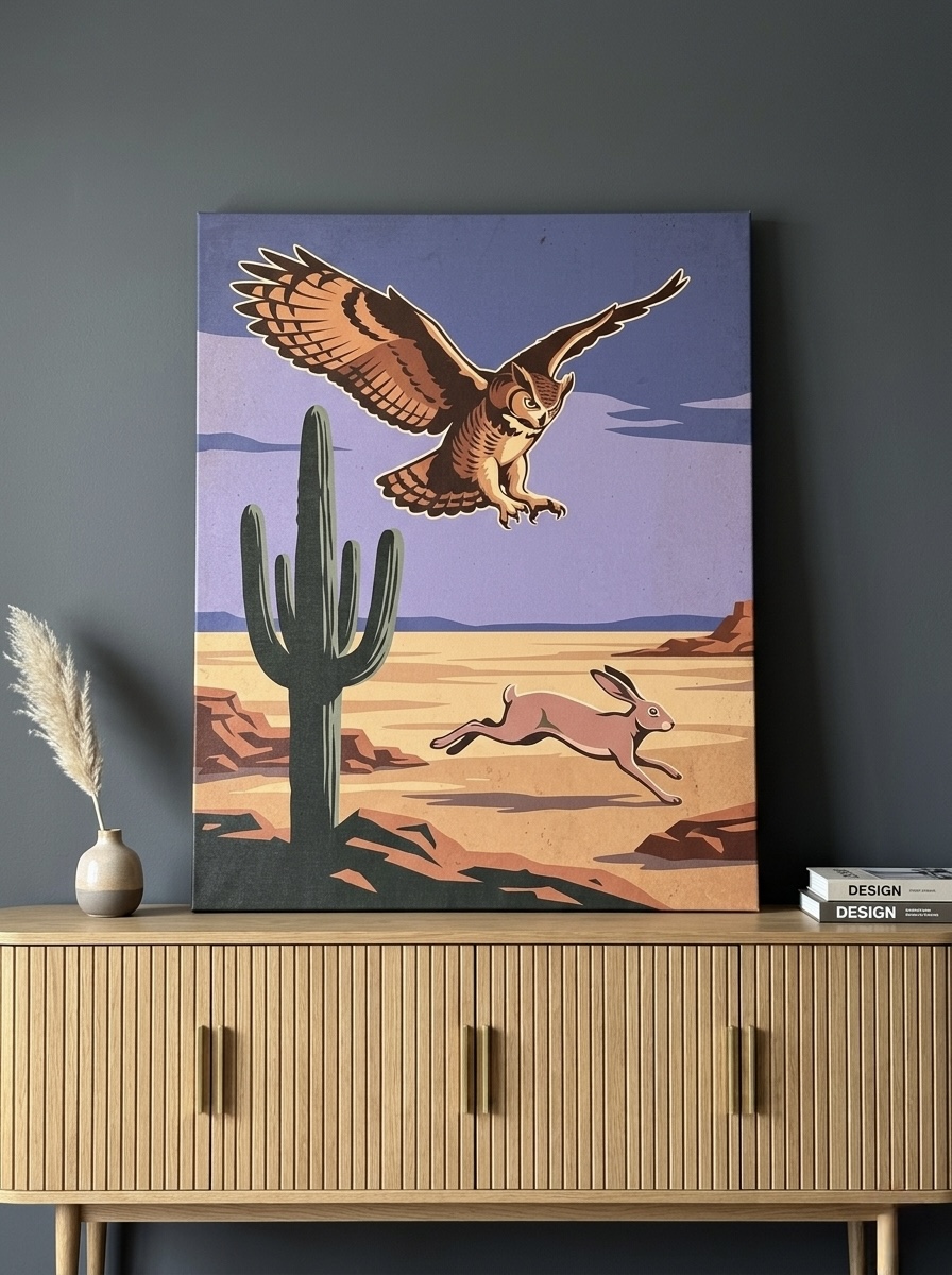 Retro graphic canvas of a desert burrowing owl with stylized cacti and sun, displayed in a colorful kids playroom with woven baskets