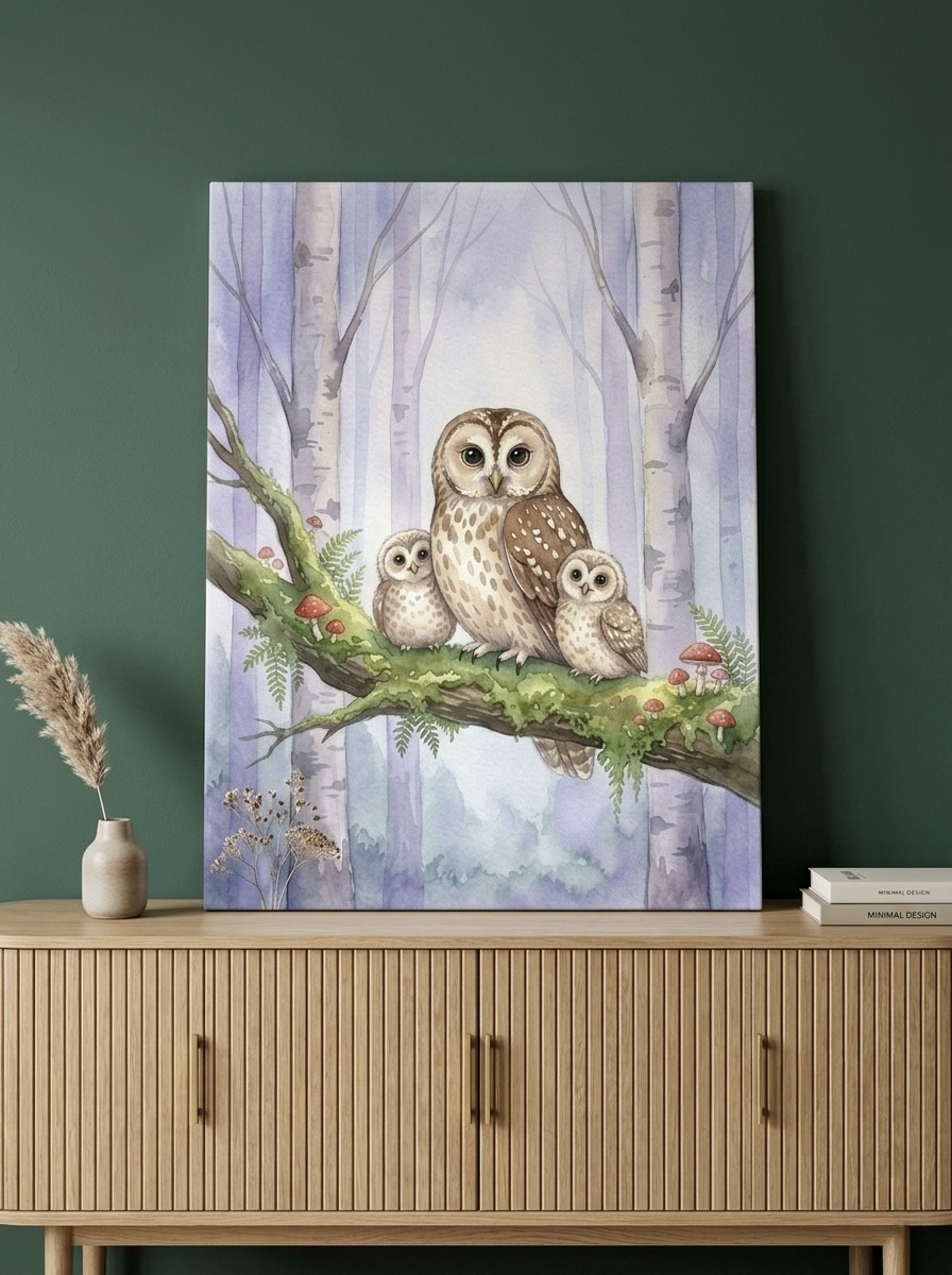 Owl family watercolor in dusty blue and woodland tones, hanging over a neutral crib in a calm nursery