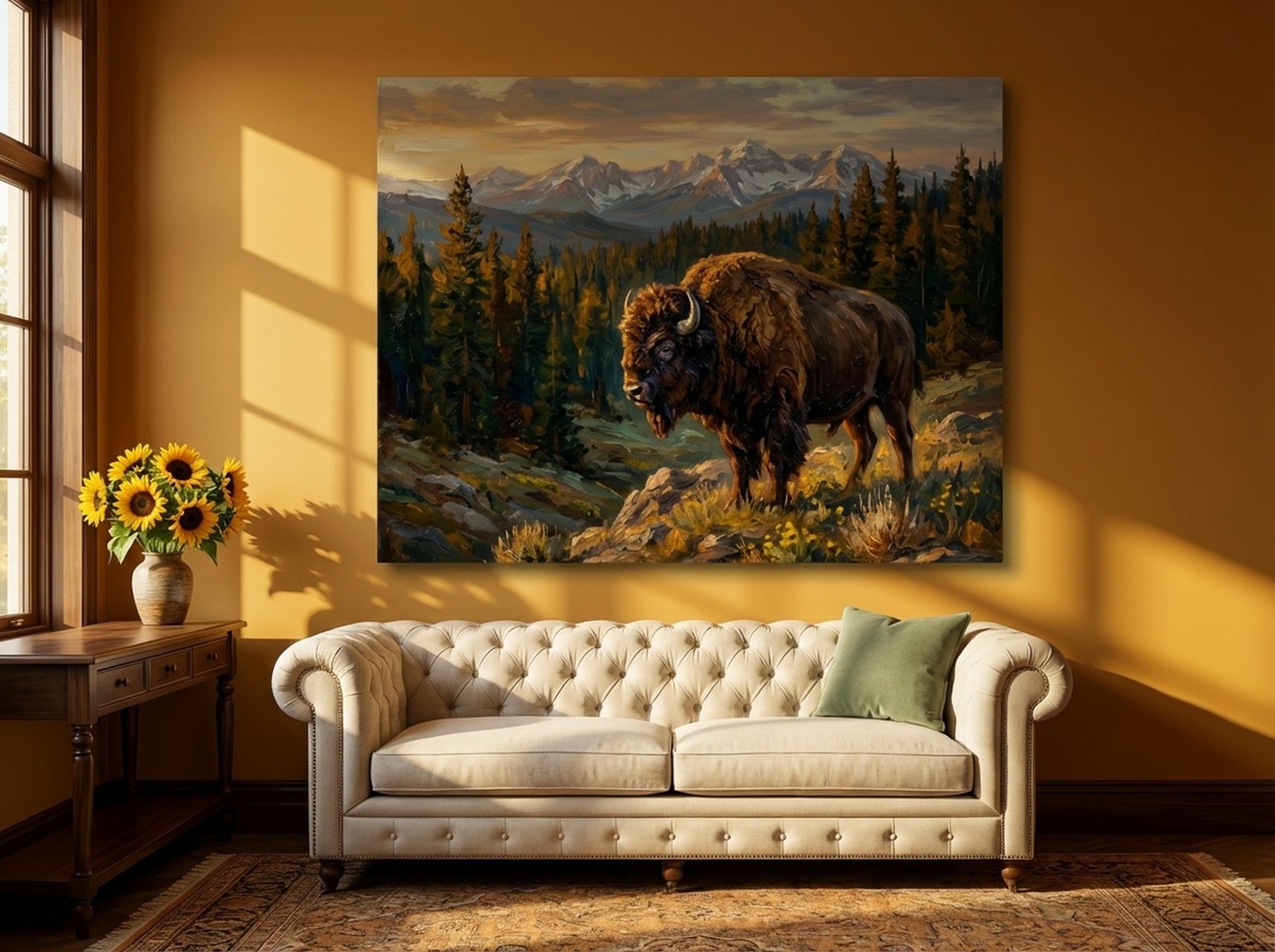 Bison Canvas Wall Art impasto oil painting in forest green western rustic style for living room