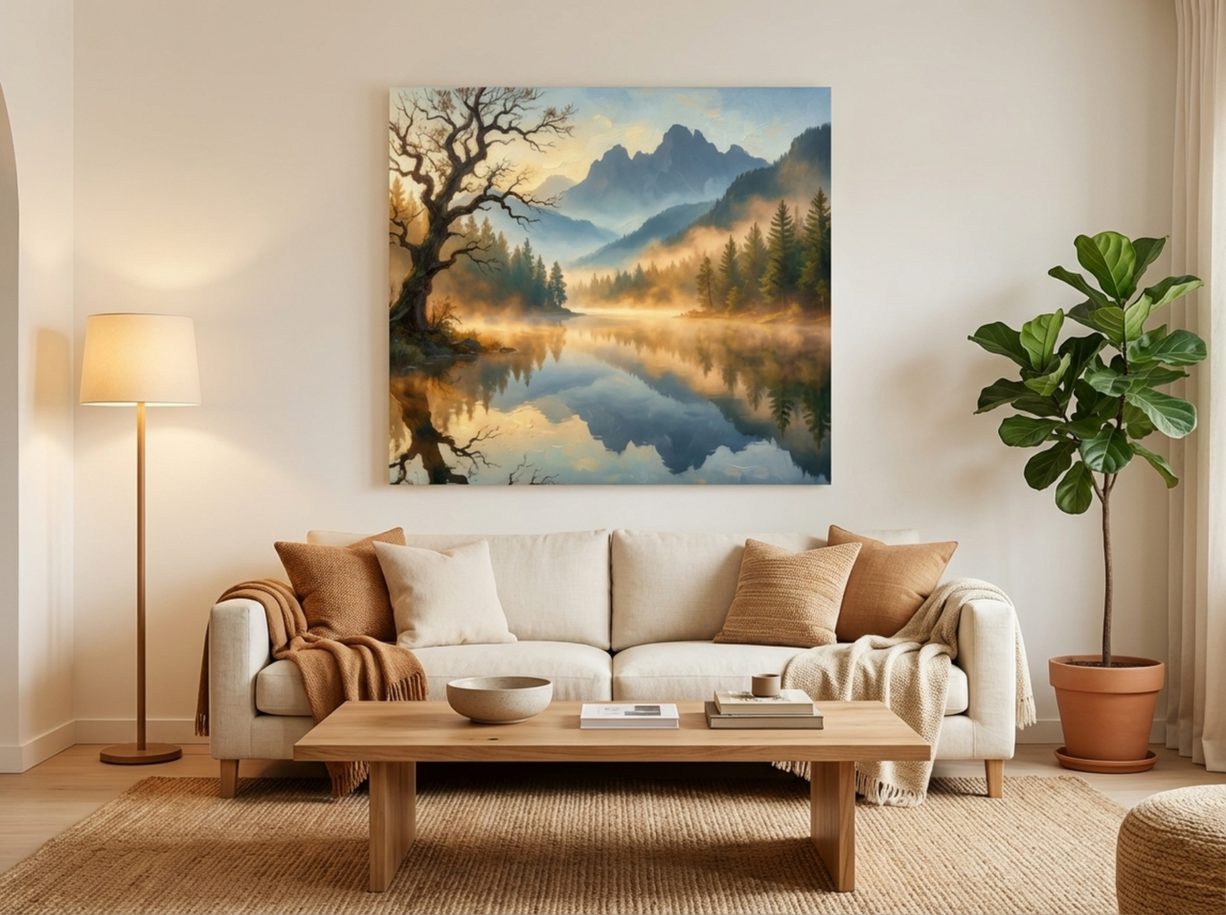 Rolling hills sunrise watercolor canvas wall art with amber tones and misty valley depth in a living room