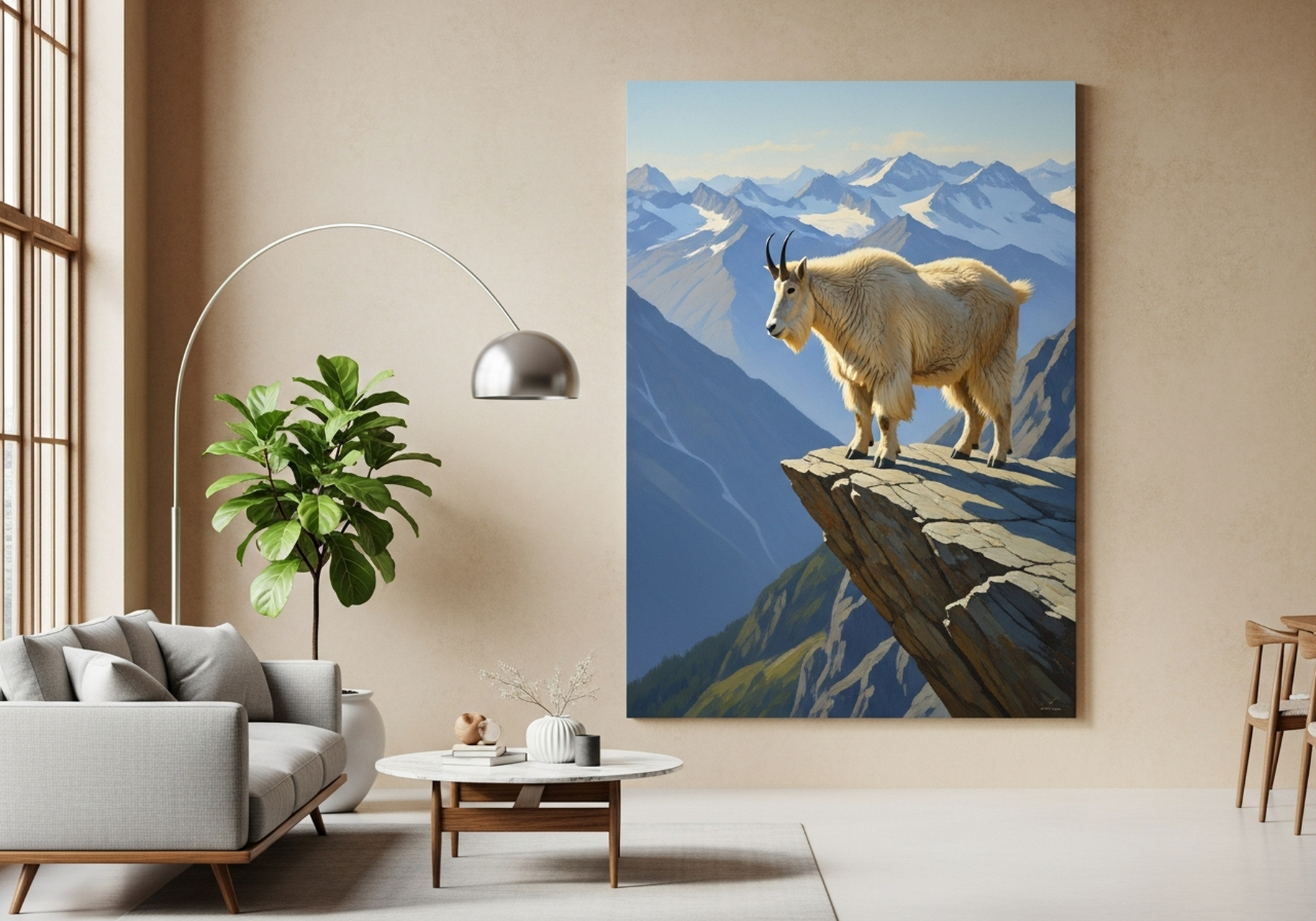 Painterly mountain goat canvas art in blue-grey tones on a living room wall