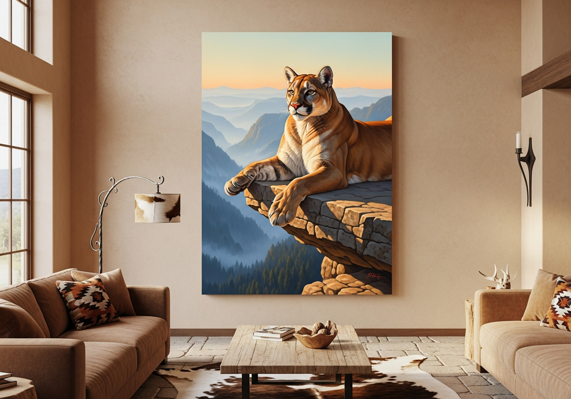 Mountain Lion Canvas Wall Art in tawny and blue tones shown as the anchor piece in a gallery wall arrangement