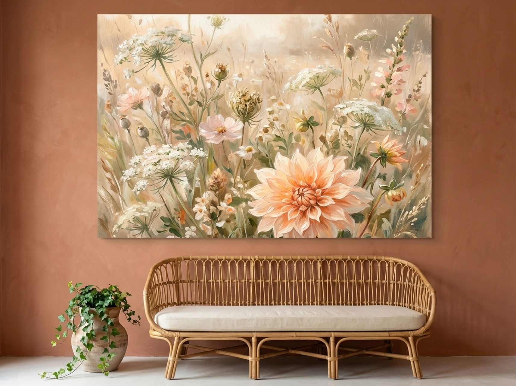 Painterly queen's lace botanical canvas art in a styled beige interior