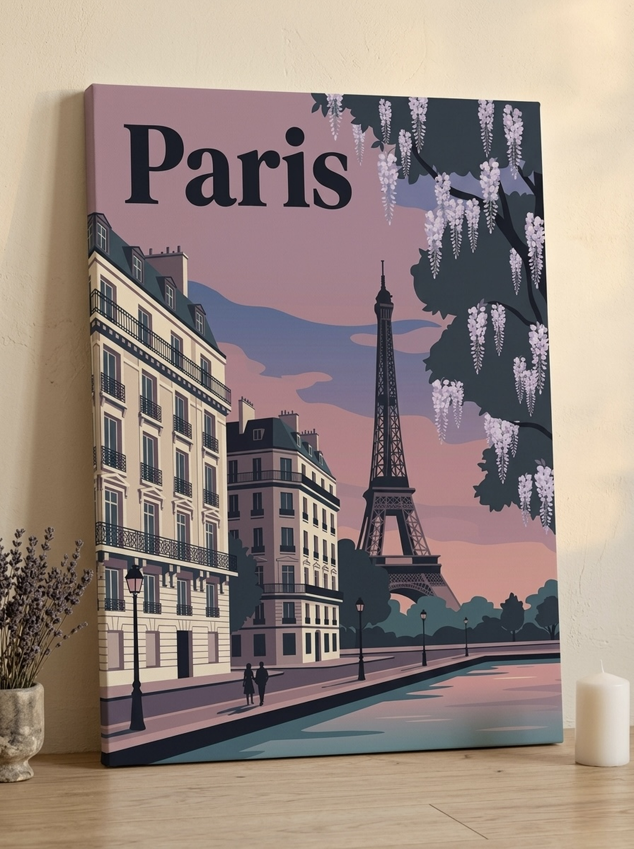 Paris Eiffel Tower wisteria canvas wall art in dusty rose, lavender and navy displayed in a romantic living room, ideal as a tenth anniversary travel-themed gift