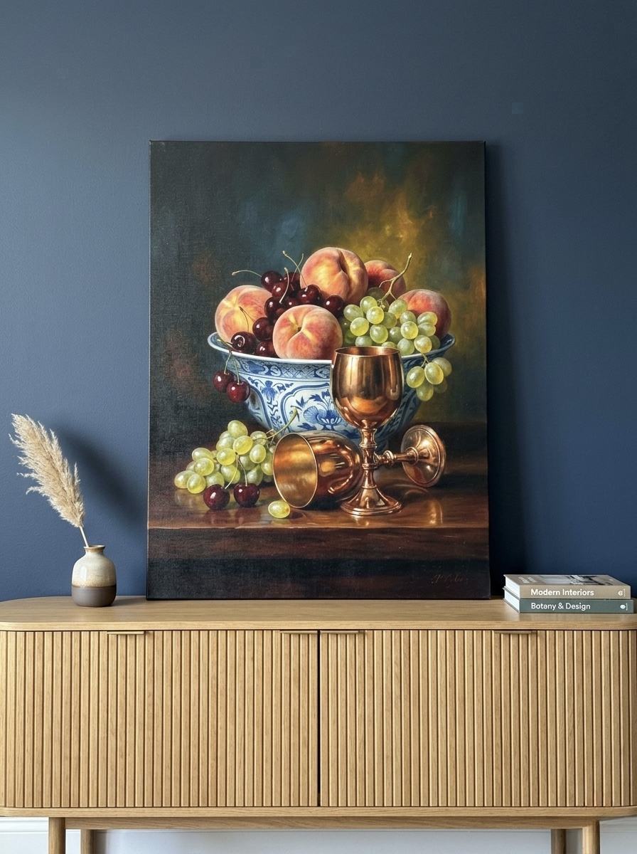 Peaches and cherries Dutch Golden Age still life canvas in gold, terracotta, and burgundy tones in an elegant dining room