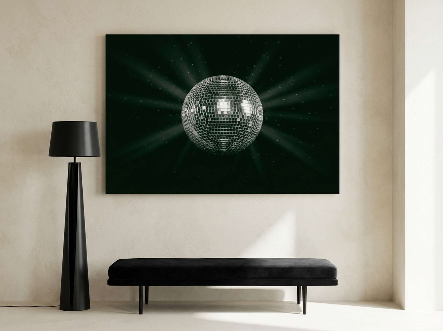 Disco Ball Forest Green canvas print displayed in a stylish eclectic living room