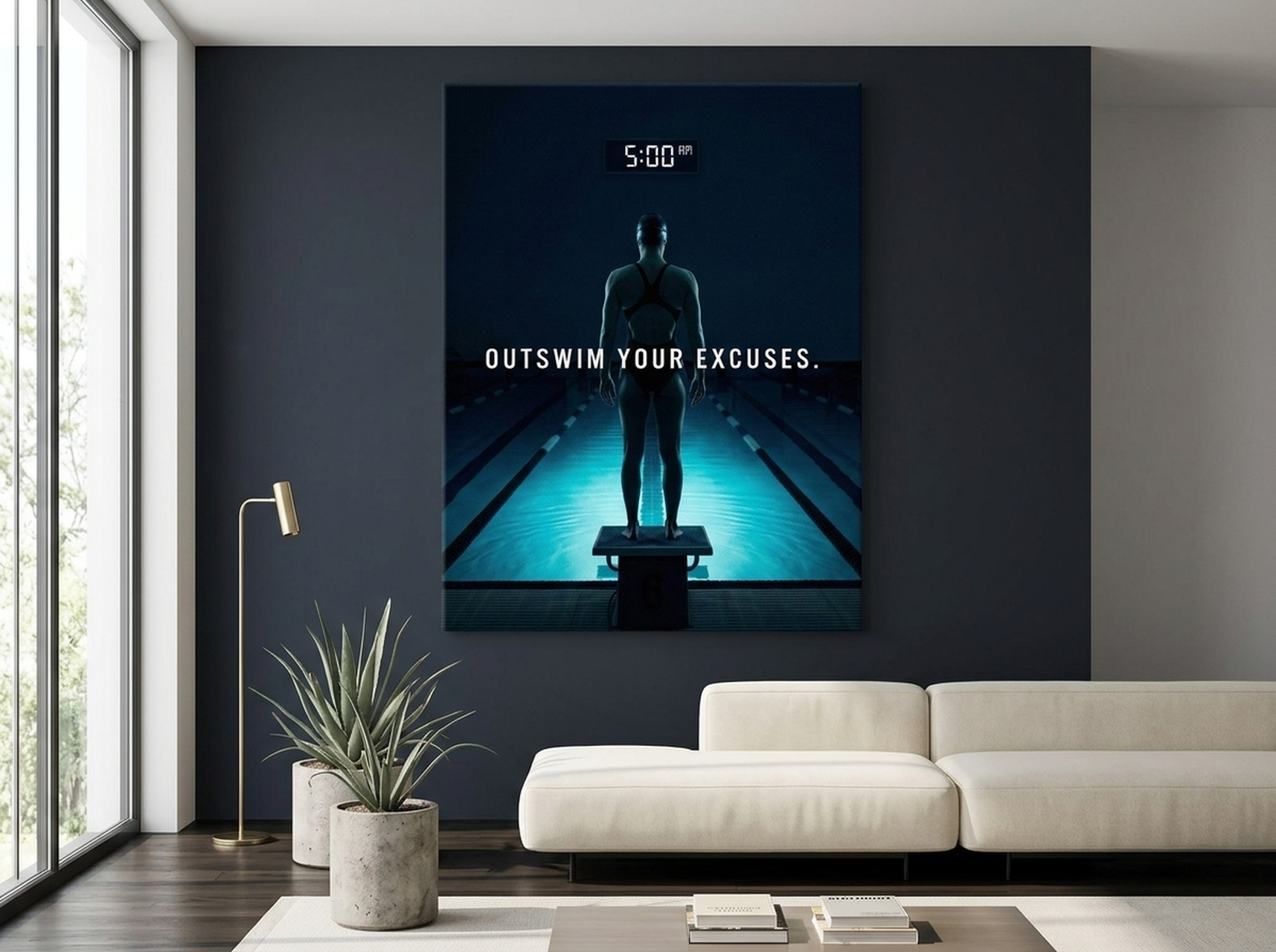 Navy and aqua toned wall art in a serene room setting