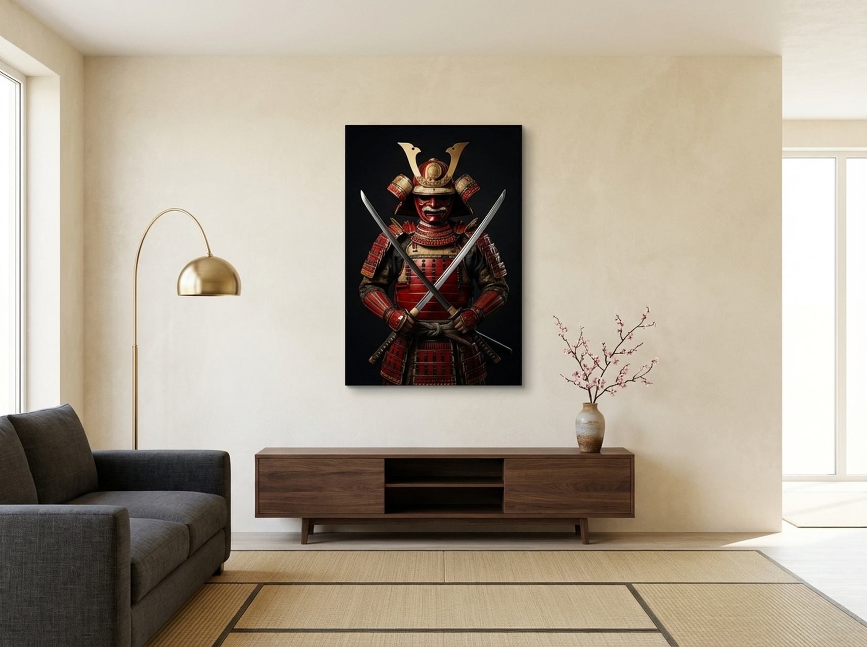 Samurai armor Japanese warrior canvas wall art in black and crimson tones