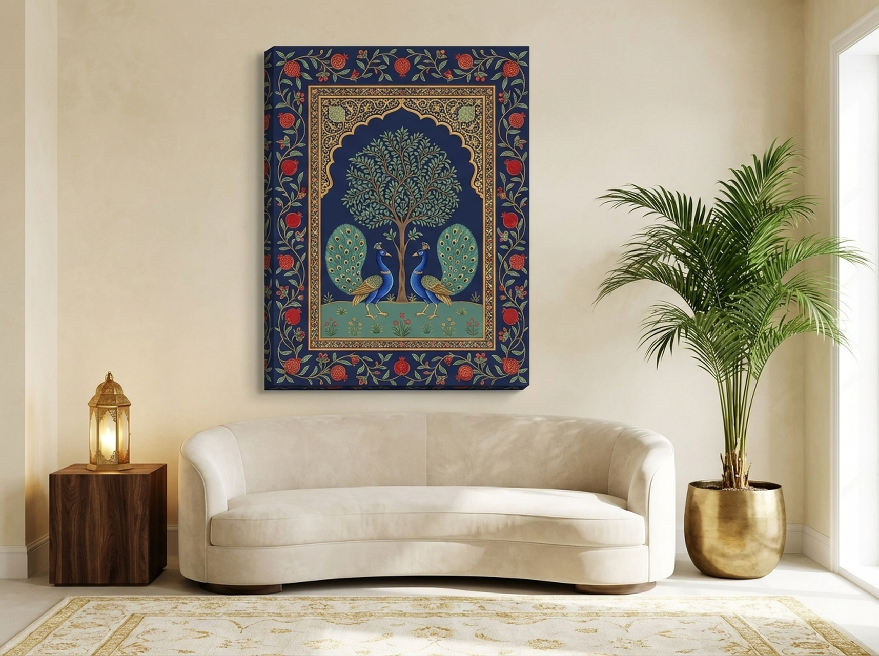 Turkish Iznik-inspired watercolor tile canvas print with royal blue and gold