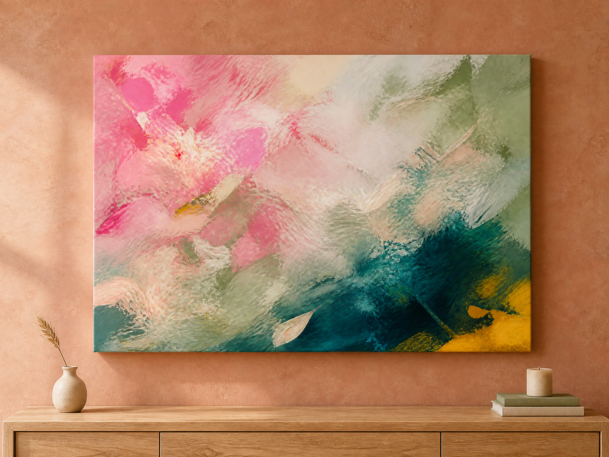 Pink sage modern abstract canvas styled above a low credenza in a soft daylit room