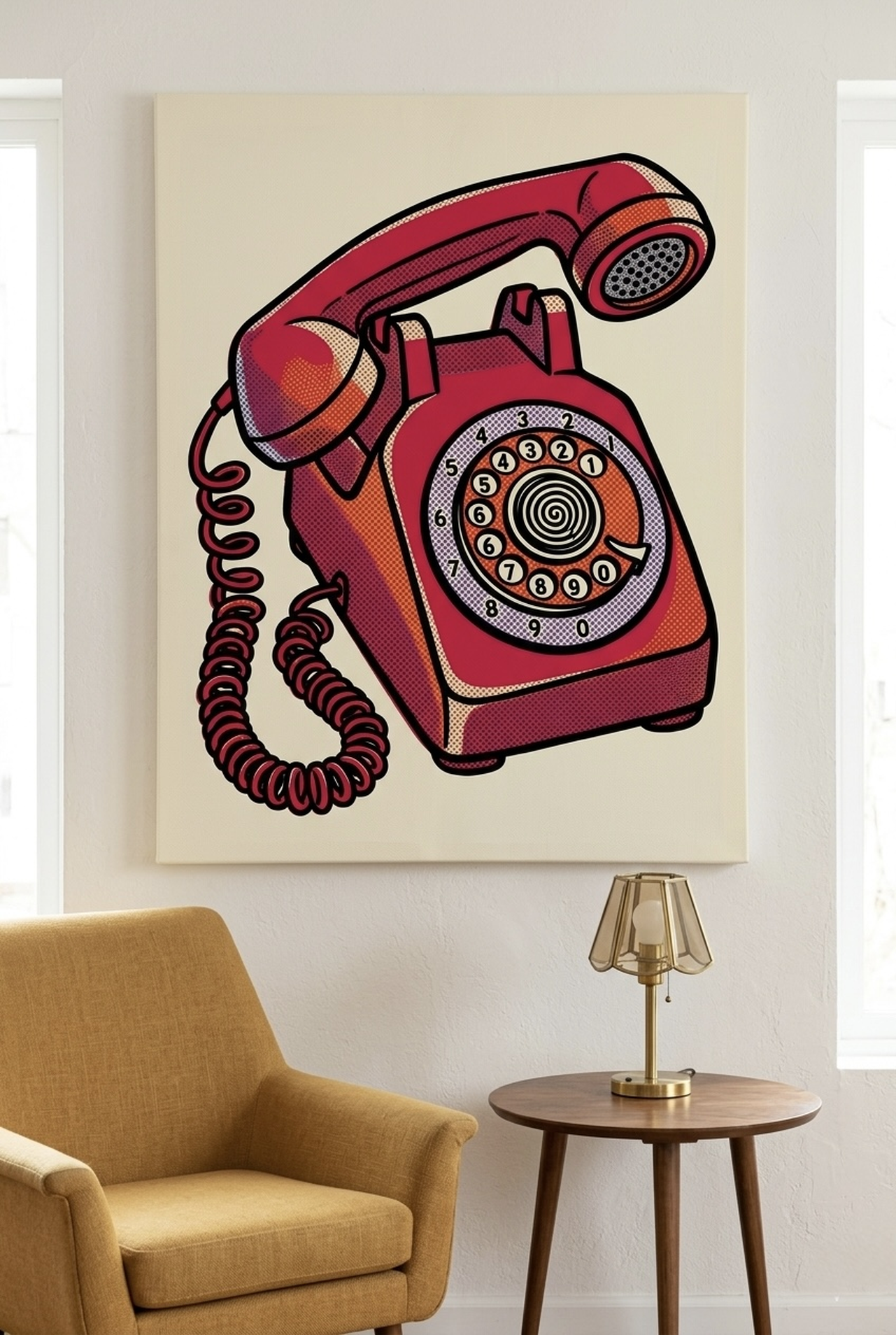 Pop Art Rotary Phone Canvas Wall Art with retro halftone styling