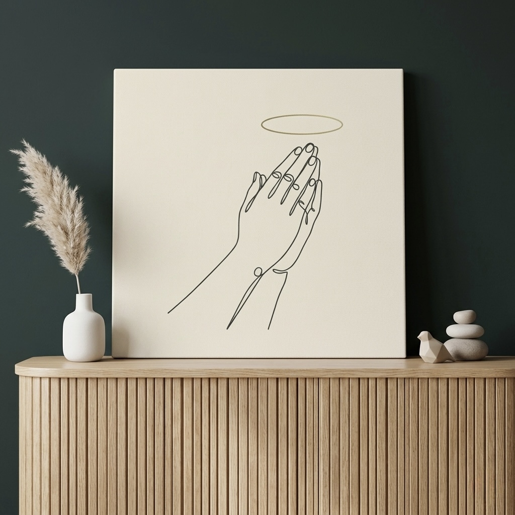 Praying hands line art canvas with golden halo on cream and black, spiritual home decor