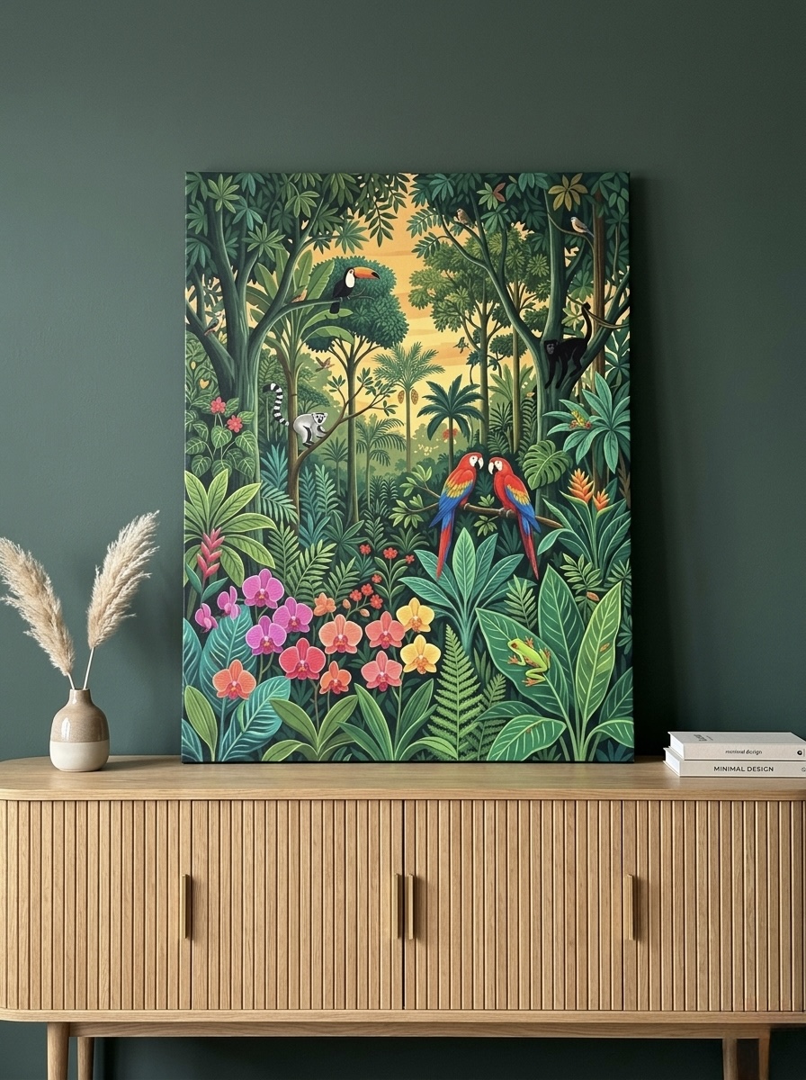 Rainforest Parrots Rousseau Style Canvas Wall Art, vibrant jungle scene with red and yellow parrots styled in a child's nursery