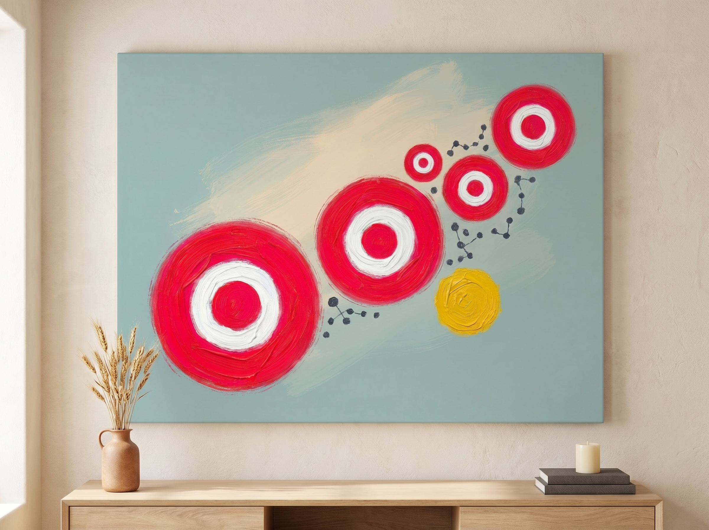 Bold modern painterly constellation canvas with red, teal and yellow against a soft cream background, hanging over a mid-century credenza in a sunlit living room