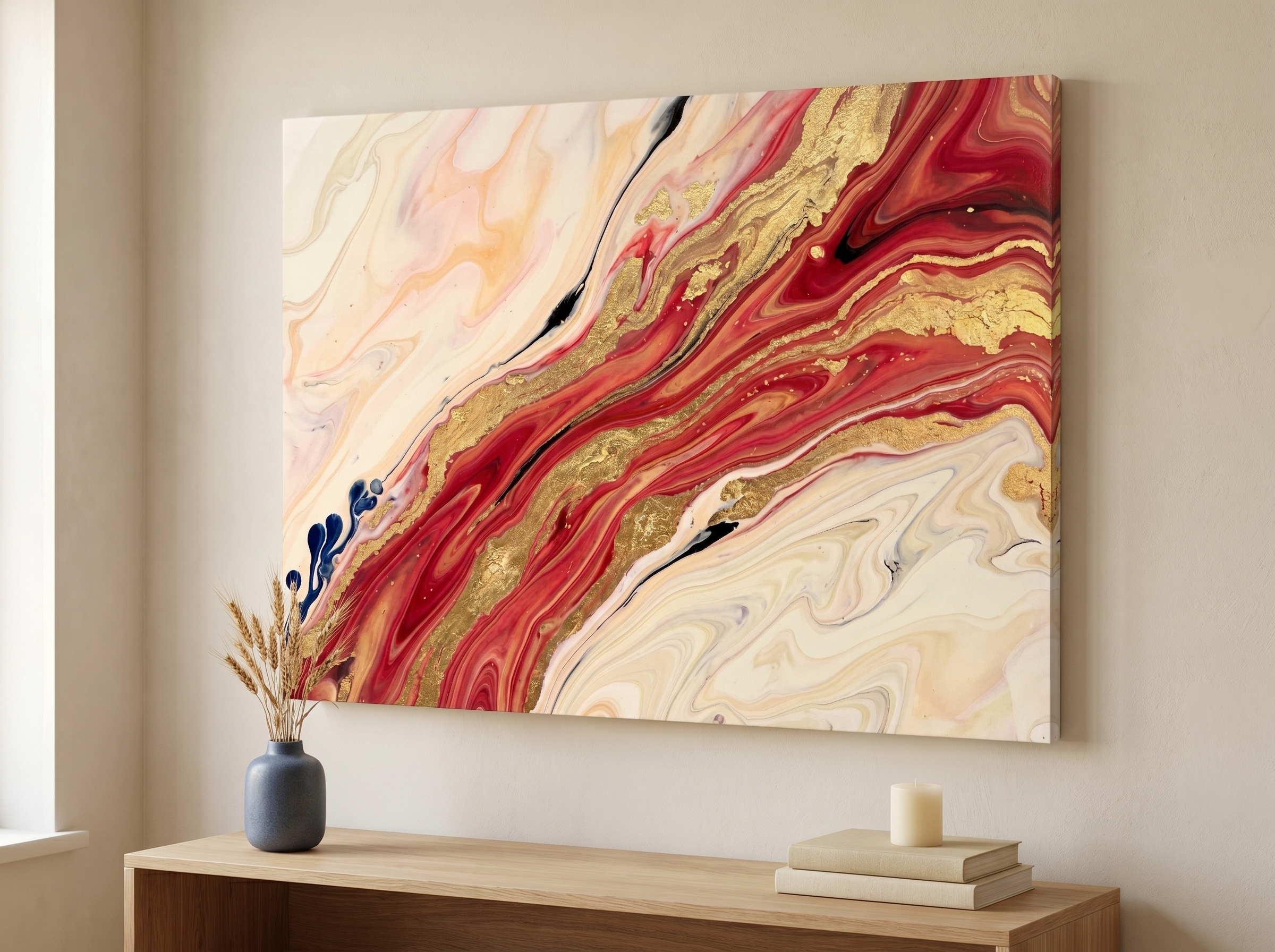 Bold red and gold fluid abstract canvas hung above a dark sideboard in a high-contrast dining area