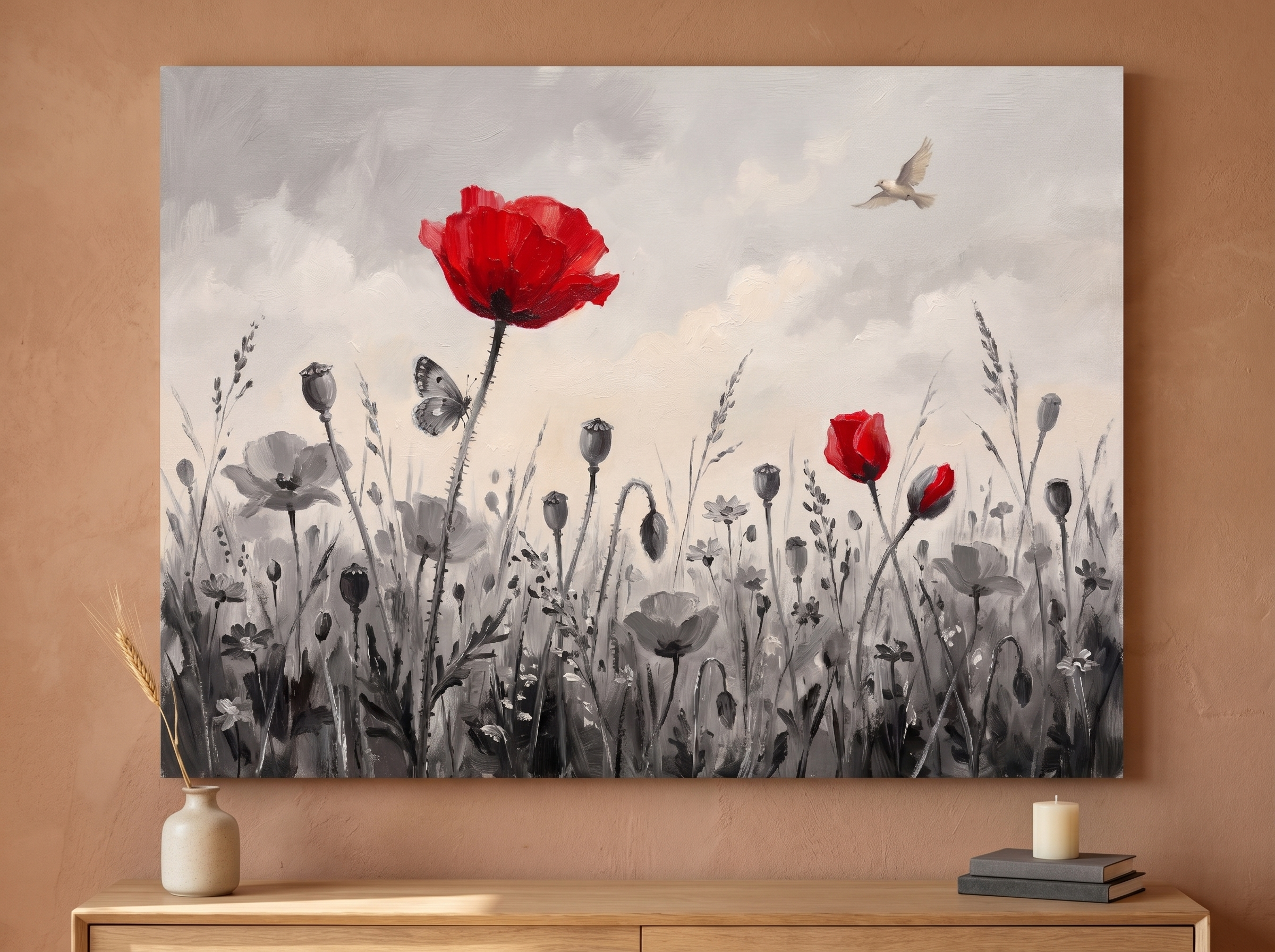 Red poppy selective color canvas in painterly black white grey charcoal and cream with single red bloom hung in industrial loft