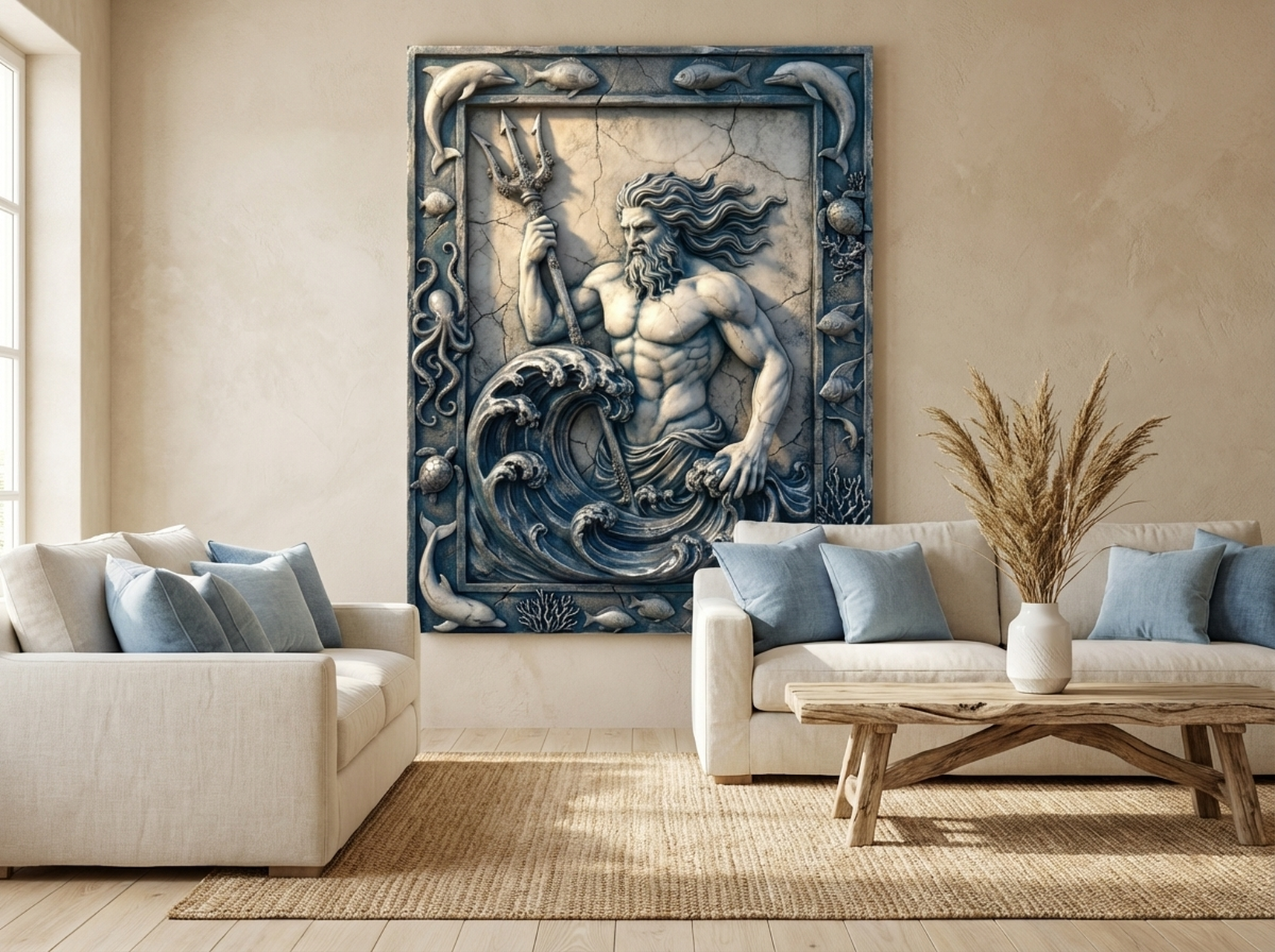 Poseidon Stone Relief Canvas Wall Art on blue wall