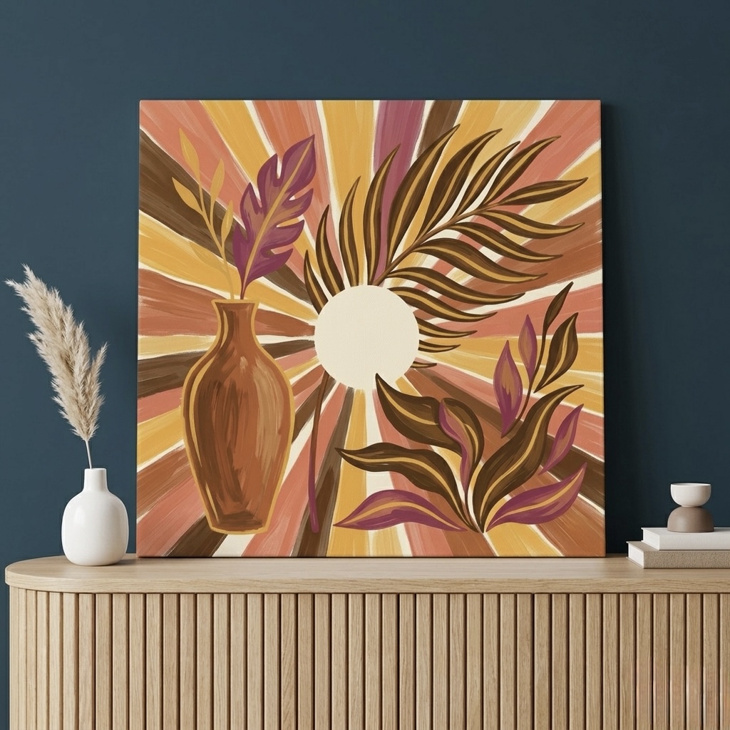 Retro Tropical Sunburst Canvas with terracotta and gold tones above a rattan reading chair