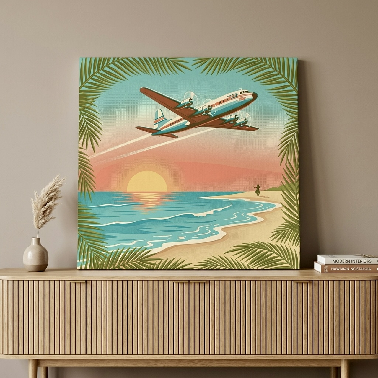 Retro Vintage Airplane Canvas Wall Art over tropical beach scene in bedroom