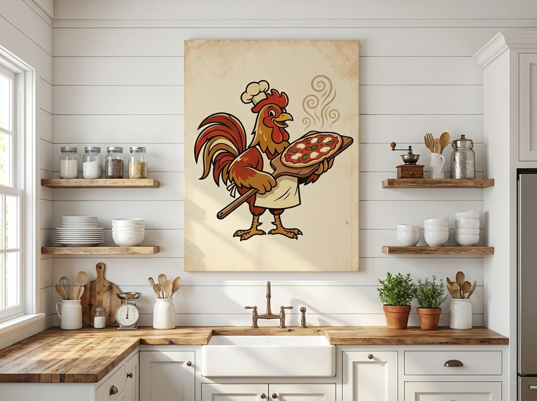 Rooster Chef Canvas Wall Art in warm red retro style displayed above a farmhouse kitchen bench