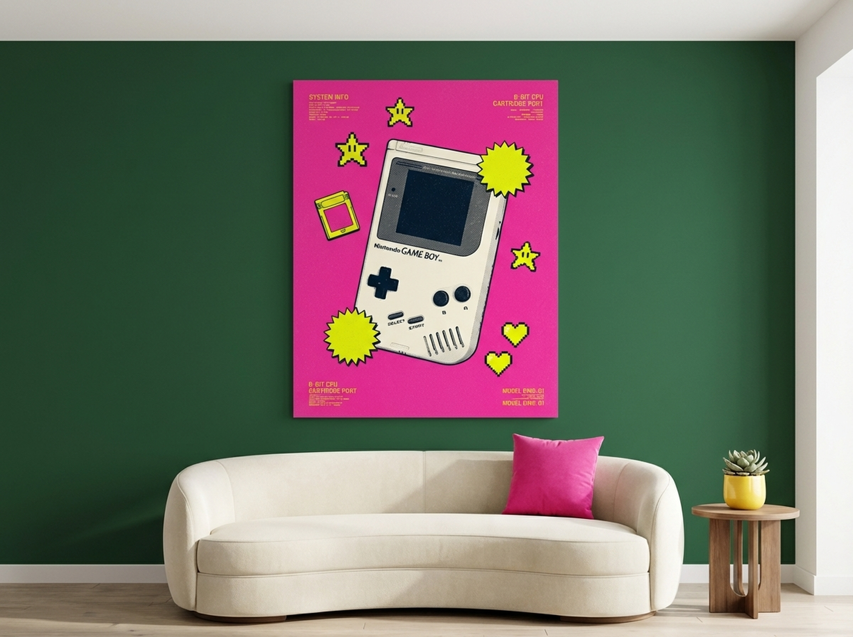 Colorful risograph-style pop art canvas hanging in a bright modern living space