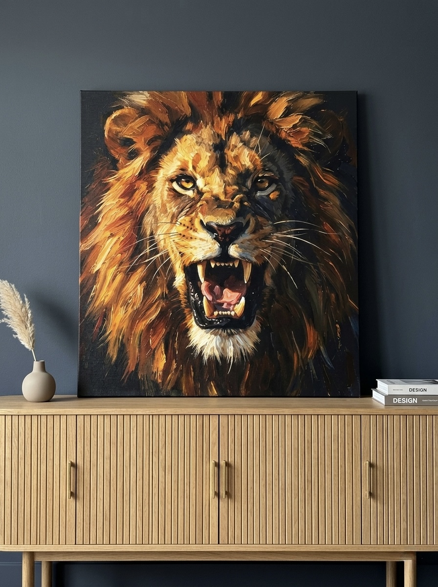 Roaring lion oil painting canvas in gold orange and black, bold home office wall art