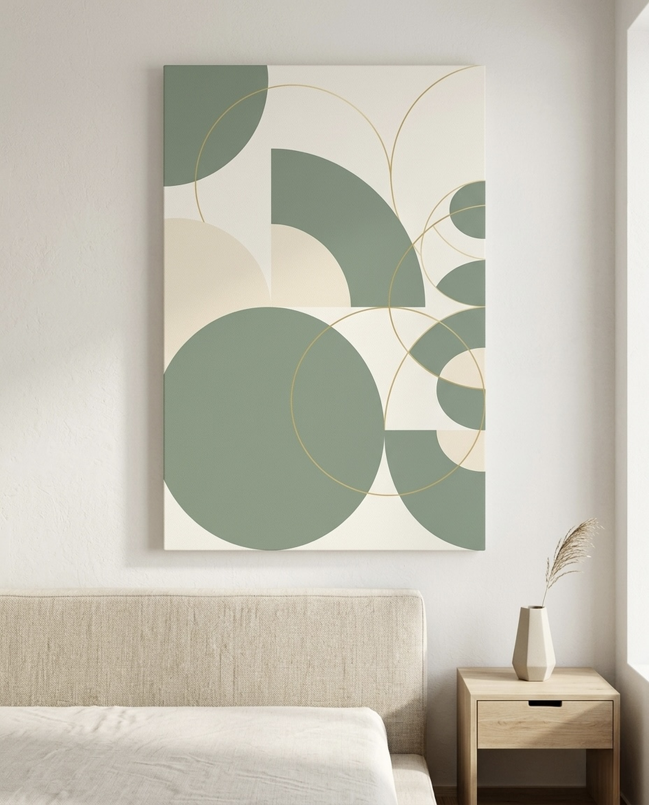 sage green geometric circles wall art minimalist bedroom