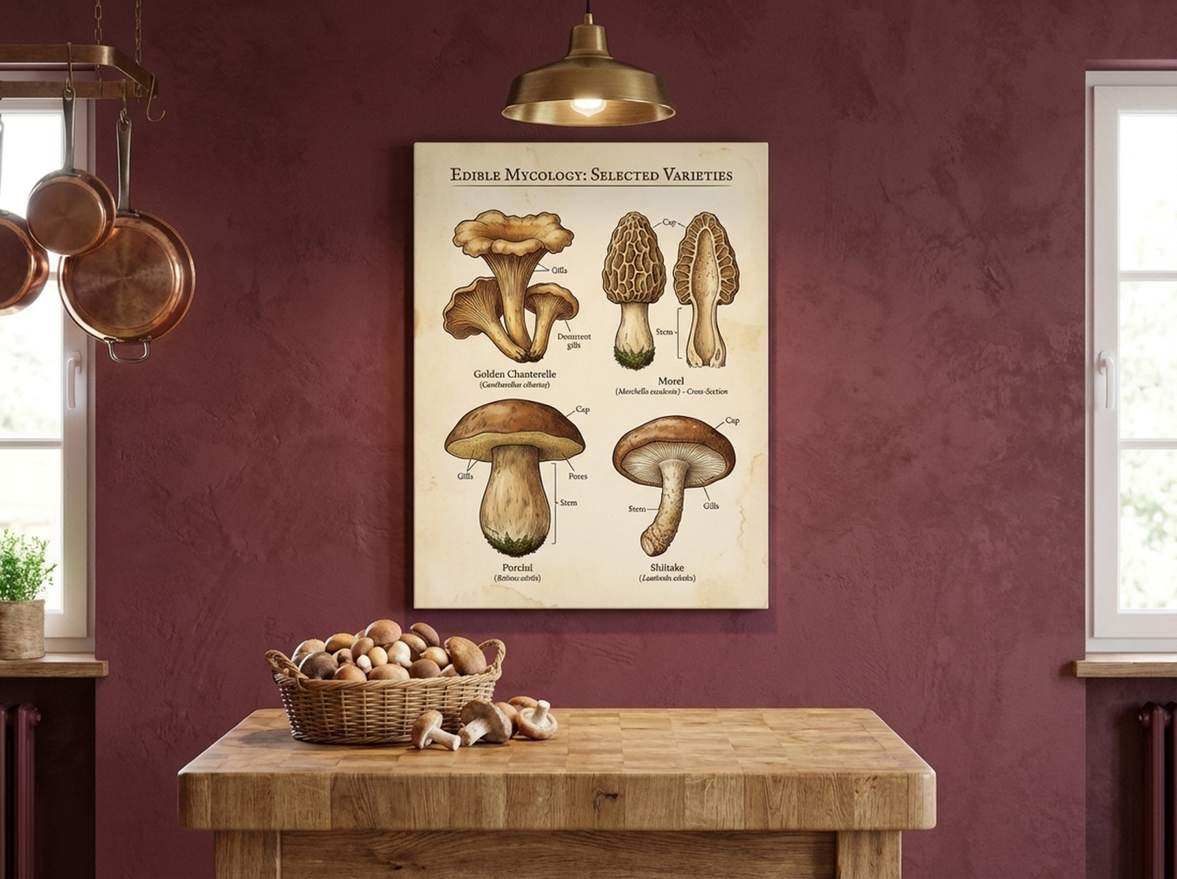 Scientific mushroom chart canvas wall art in earthy brown tones in an academic-style student room