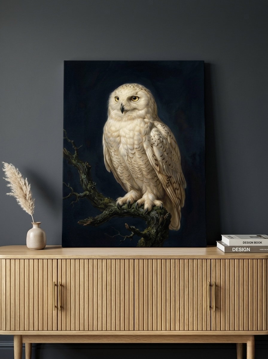 White snowy owl wildlife canvas hanging on a deep charcoal wall above a leather armchair in a moody library