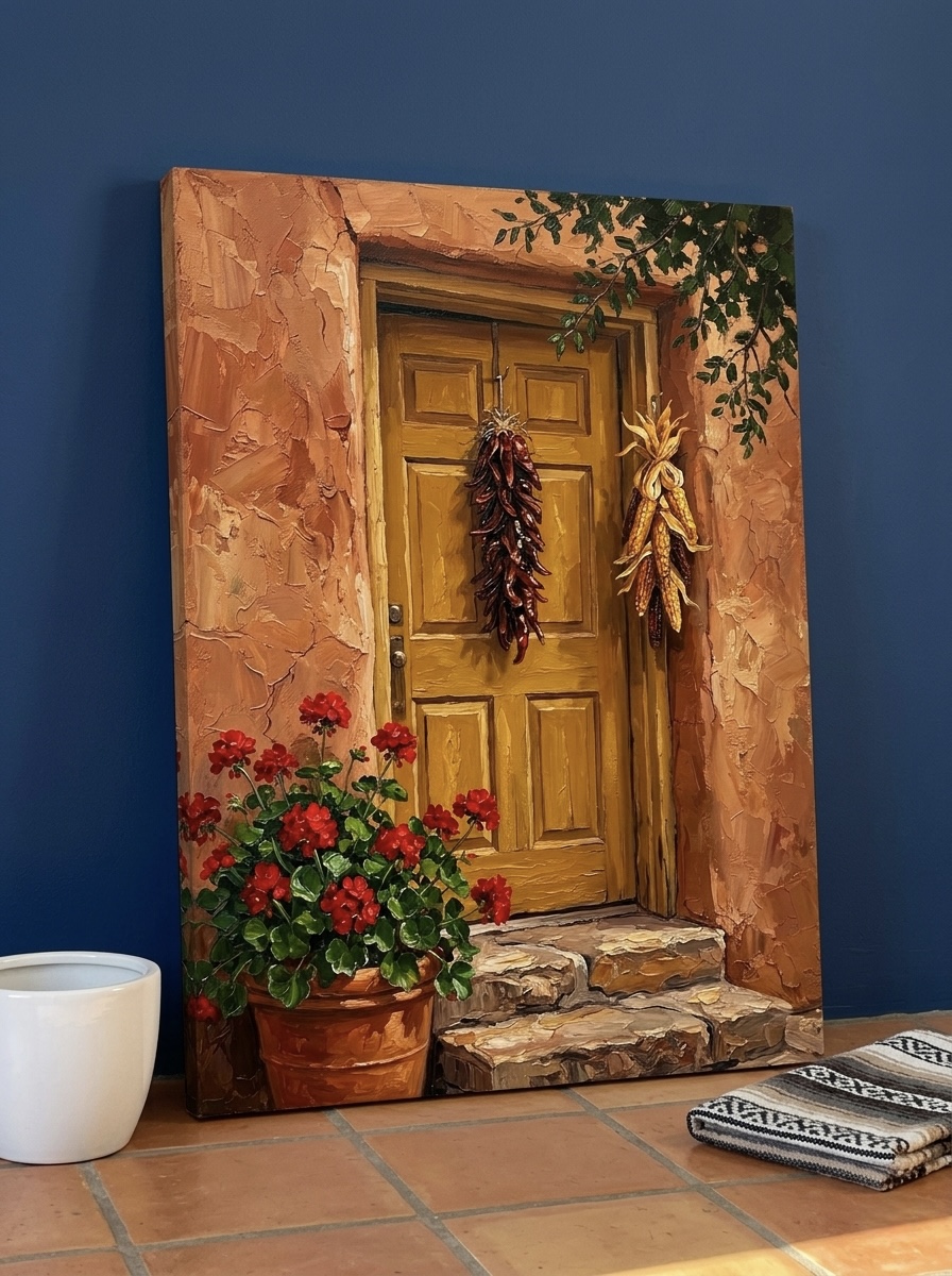 Southwest adobe door canvas wall art with weathered turquoise paint and warm earth-toned wall, styled in a Spanish-revival entryway