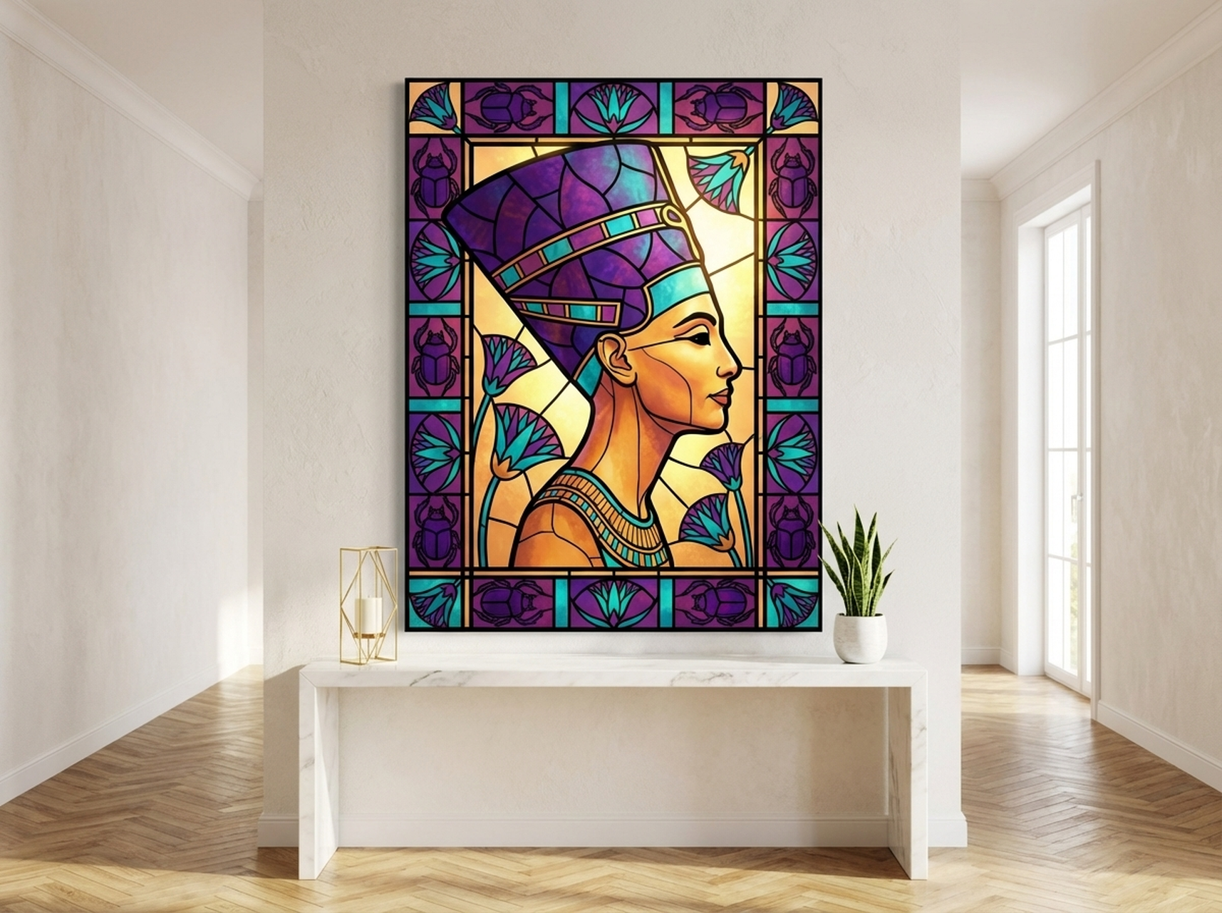 Nefertiti Stained Glass Canvas Wall Art hanging on a wall in a beautiful room