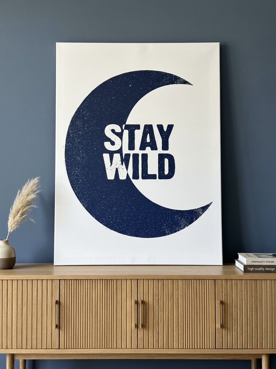 Stay Wild Moon grunge typography canvas in navy blue cream and white styled above an industrial bed