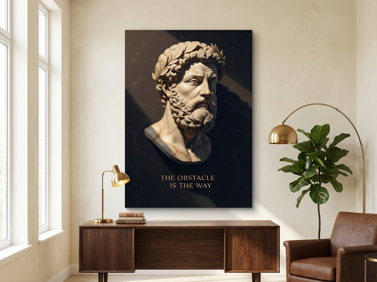 Contemporary framed canvas wall art styled in a modern living room with charcoal and gold tones