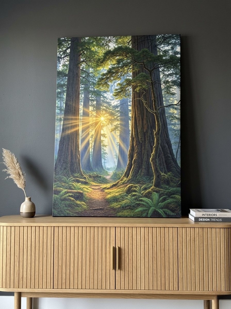 Sunbeam Forest old growth redwood canvas with golden light filtering through tall trees on a hallway wall