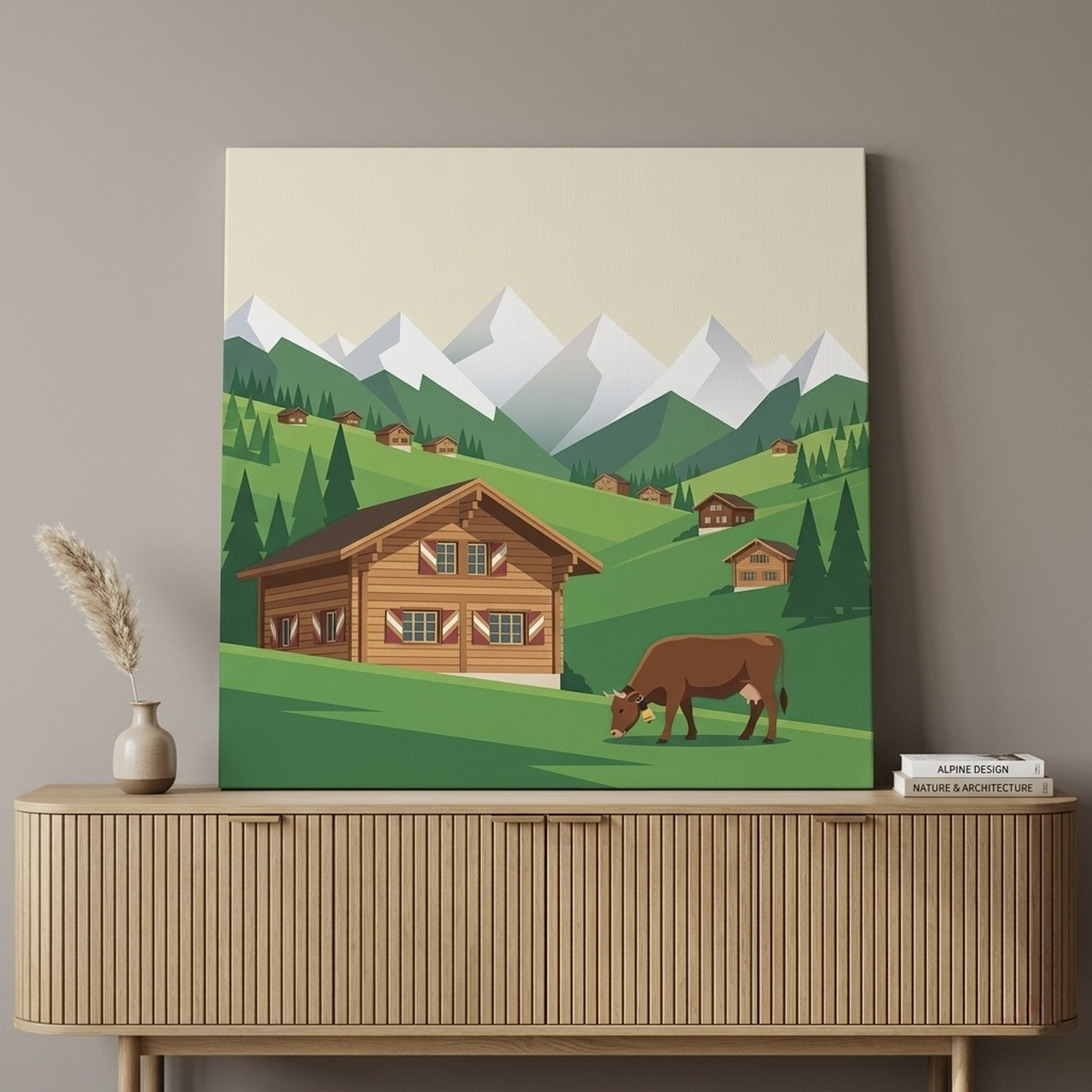 Swiss Alps chalet flat art canvas with grazing cow in front of green mountain styled in a cabin entryway