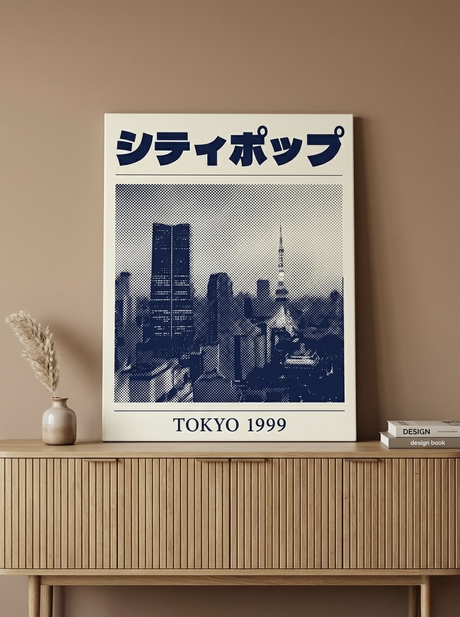 Tokyo City Pop Retro Poster Canvas Print displayed on wall in modern living room